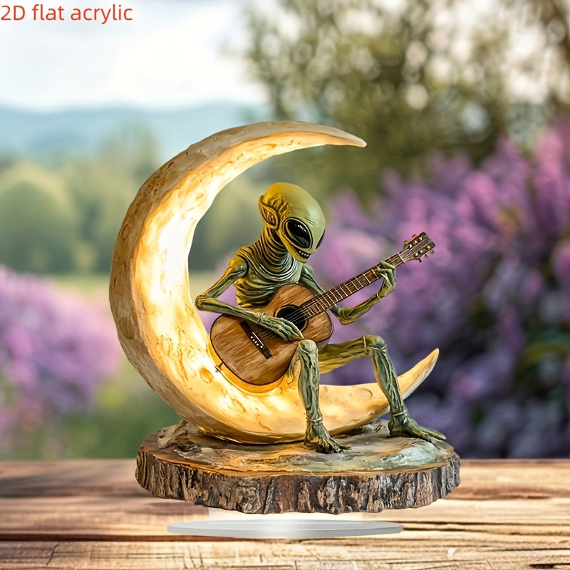 HighPeak Lunar Strummer alien figure playing guitar on illuminated crescent moon sculpture - bohemian space decor on wooden base