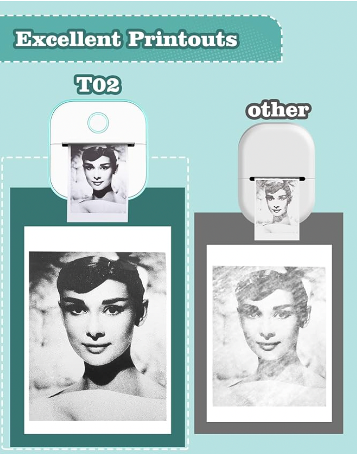 HighPeak MiniPrinter T02 model showing black and white photo print quality comparison with standard printer output