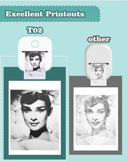 HighPeak MiniPrinter T02 model showing black and white photo print quality comparison with standard printer output