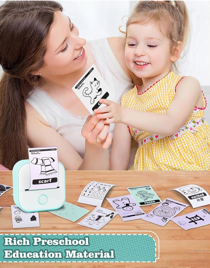 HighPeak MiniPrinter in mint green shown with printed flashcards and learning materials on wooden table - educational setup