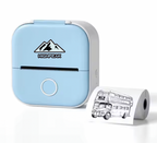 HighPeak MiniPrinter in pastel blue with white trim printing a bus sketch - compact thermal printer for portable note-taking