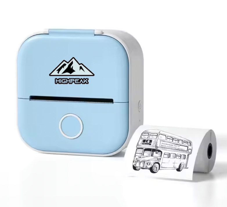 HighPeak MiniPrinter in pastel blue with white trim printing a bus sketch - compact thermal printer for portable note-taking