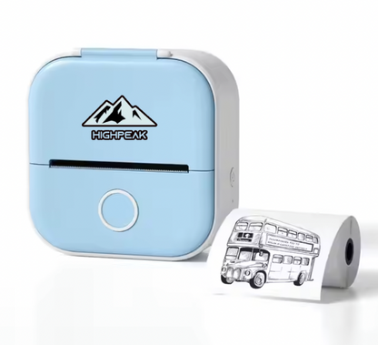 HighPeak MiniPrinter in pastel blue with white trim printing a bus sketch - compact thermal printer for portable note-taking