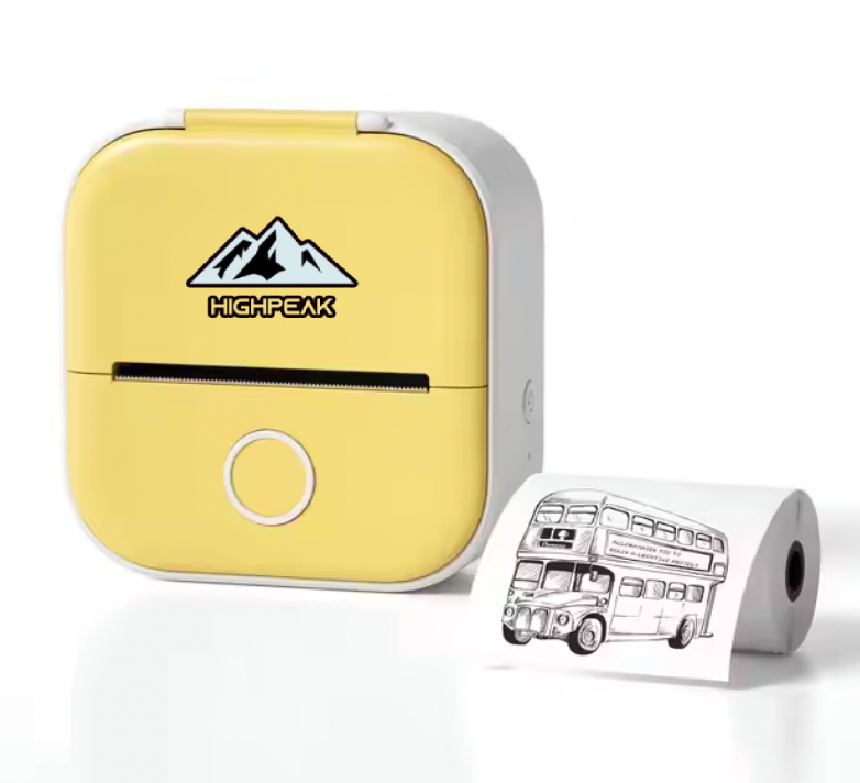 HighPeak MiniPrinter in pastel yellow with printing slot displaying bus sketch on thermal paper roll - compact portable design