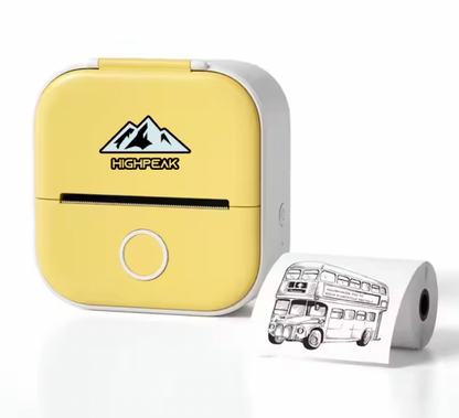 HighPeak MiniPrinter in pastel yellow with printing slot displaying bus sketch on thermal paper roll - compact portable design