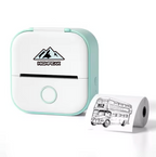 HighPeak MiniPrinter in white and mint green shown with thermal paper roll featuring bus sketch print output