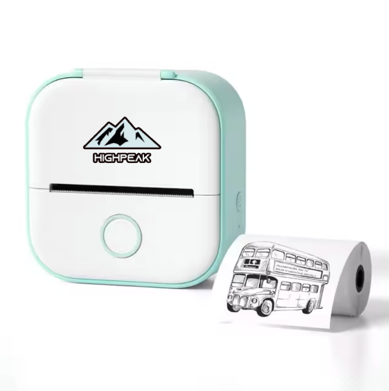 HighPeak MiniPrinter in white and mint green shown with thermal paper roll featuring bus sketch print output