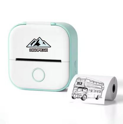 HighPeak MiniPrinter in white and mint green shown with thermal paper roll featuring bus sketch print output