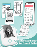 HighPeak MiniPrinter shown with sample prints including calendar, diagrams and stickers - compact white portable printer with smartphone