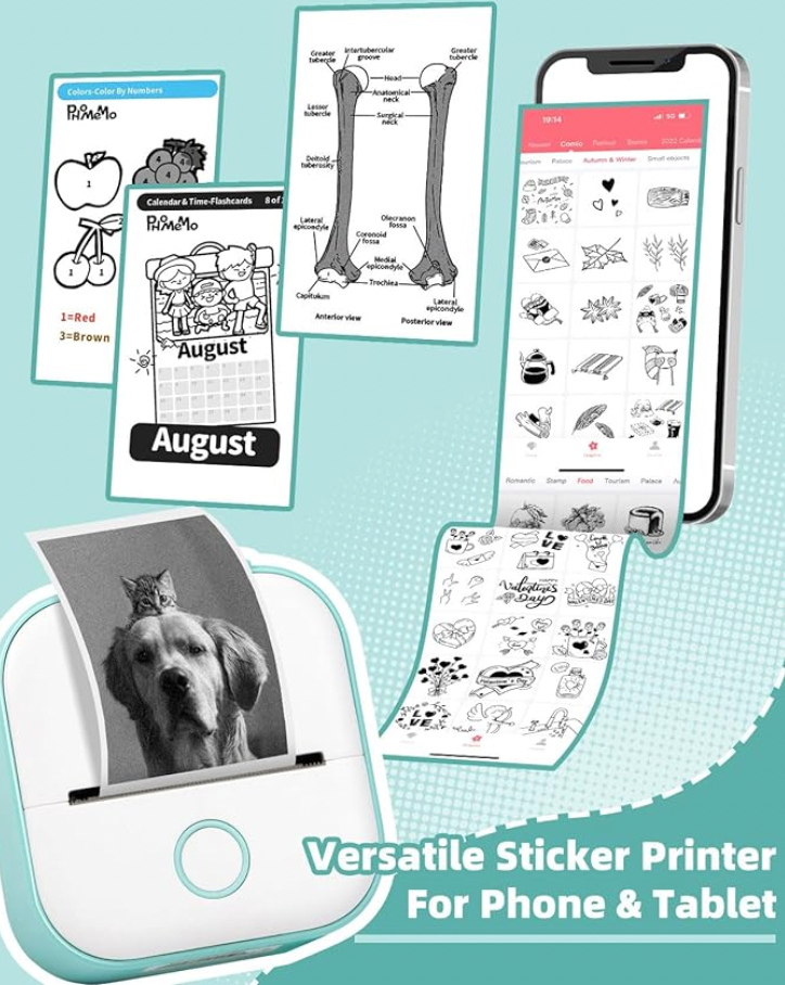 HighPeak MiniPrinter shown with sample prints including calendar, diagrams and stickers - compact white portable printer with smartphone