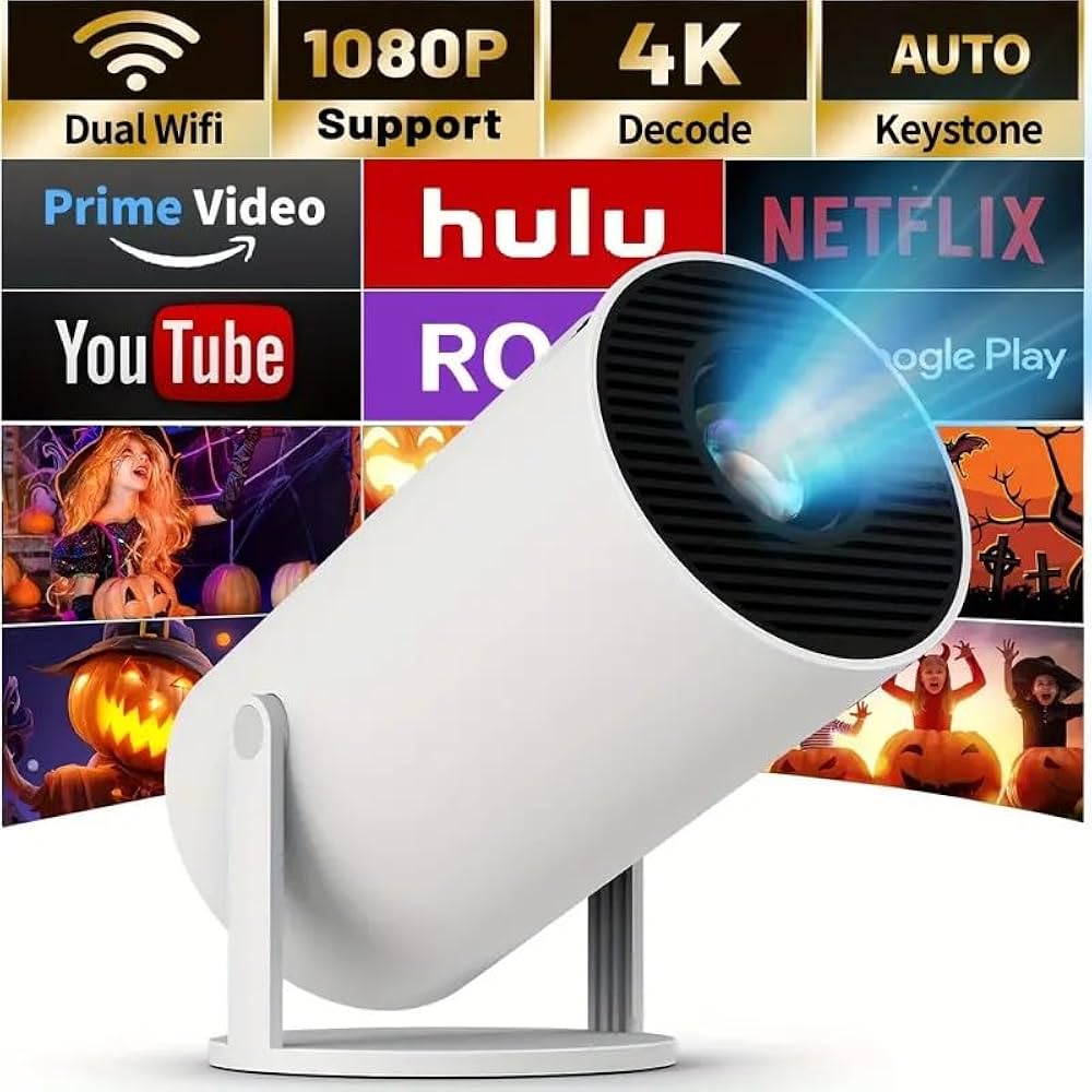 HighPeak Infinity Projector Pro in white displaying streaming apps interface with 4K and WiFi capabilities on modern stand