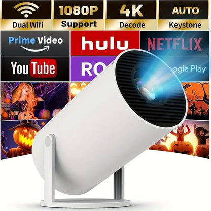 HighPeak MiniProjector Plus displaying Netflix on wall with remote