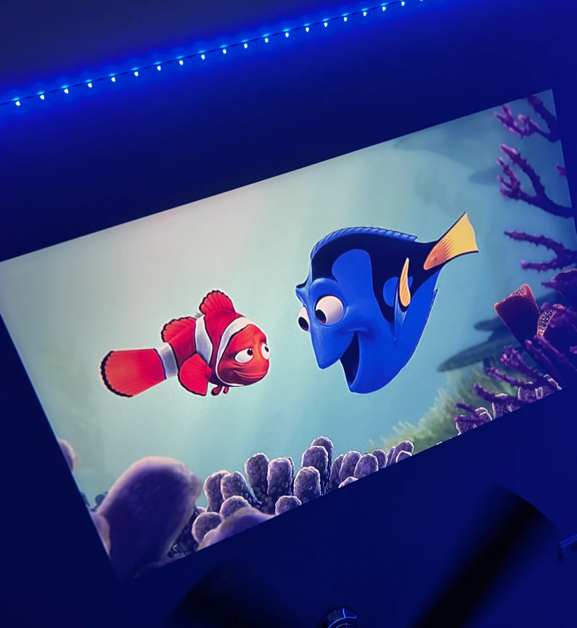 HighPeak MiniProjector SMART displaying Finding Nemo scene with vibrant colors under ambient blue LED lighting setup