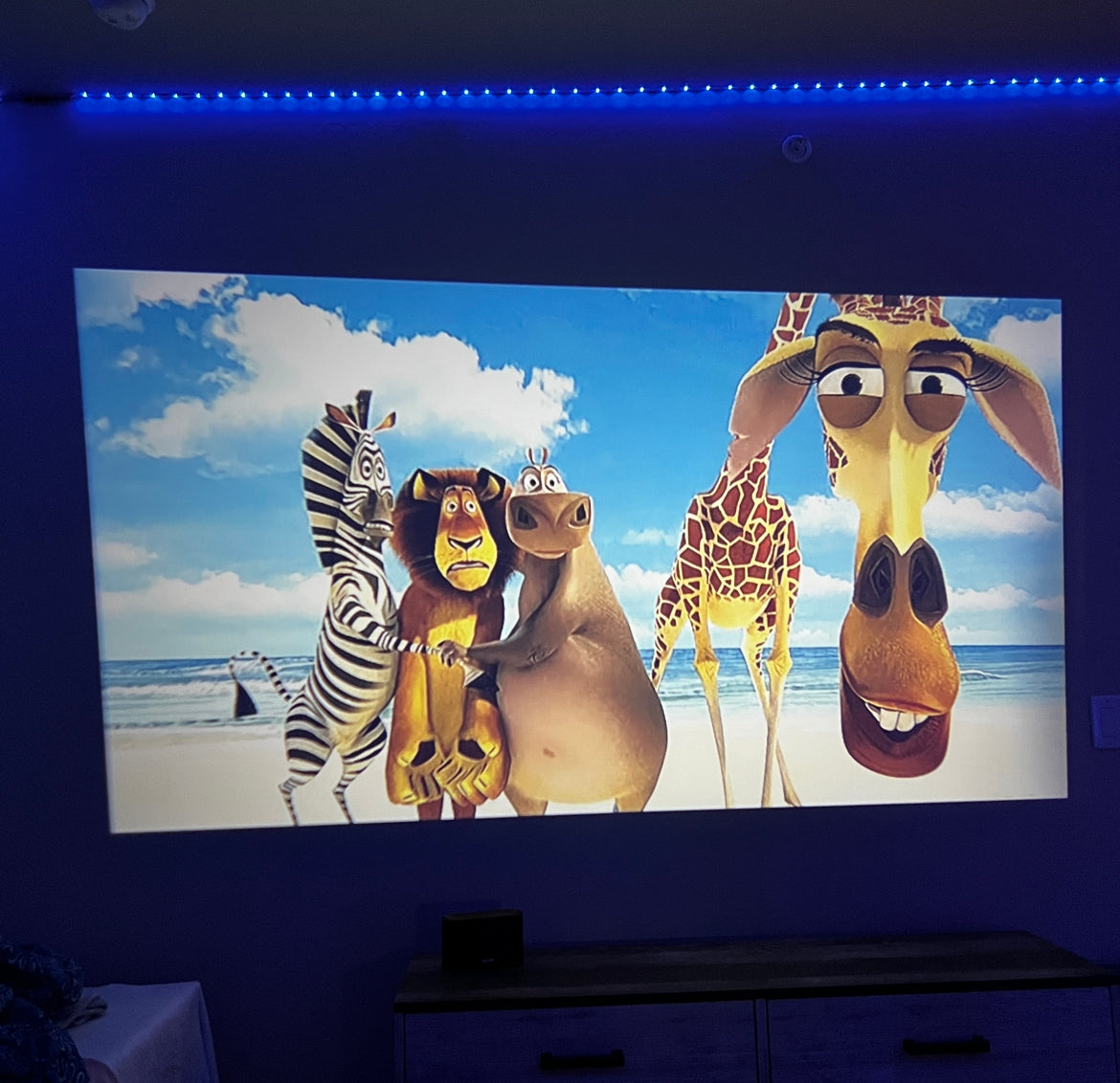 HighPeak MiniProjector SMART displaying Madagascar movie scene on white wall with blue LED ambient lighting in dark room
