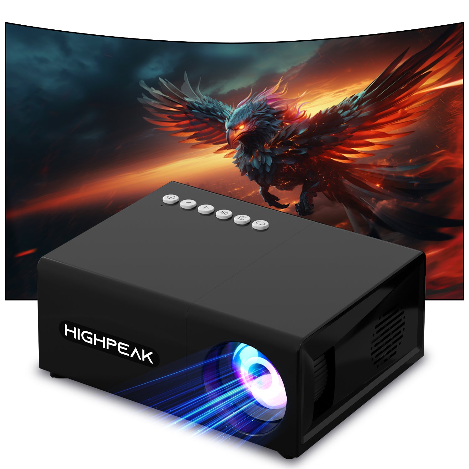 HighPeak MiniProjector SMART in black with blue LED lens, displaying phoenix artwork on curved screen background