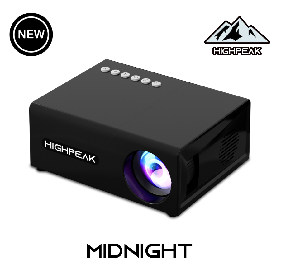 HighPeak MiniProjector SMART in matte black with illuminated lens and control buttons - compact home entertainment projector