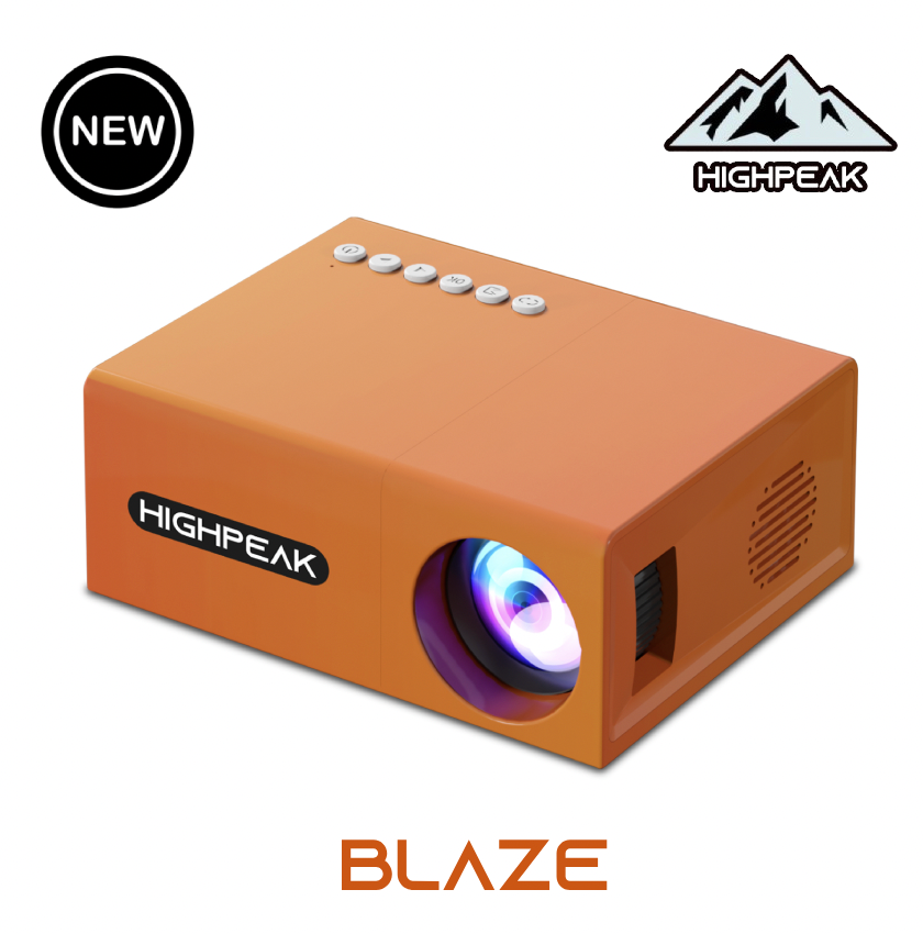 HighPeak MiniProjector SMART in orange casing with LED lens, control buttons, and compact design - modern home theater device