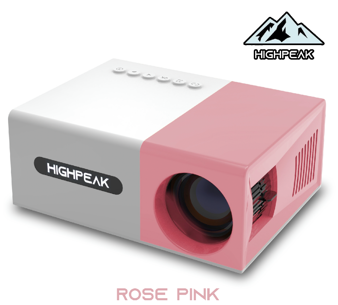 HighPeak MiniProjector SMART in rose pink and white compact design with projection lens and control buttons on display