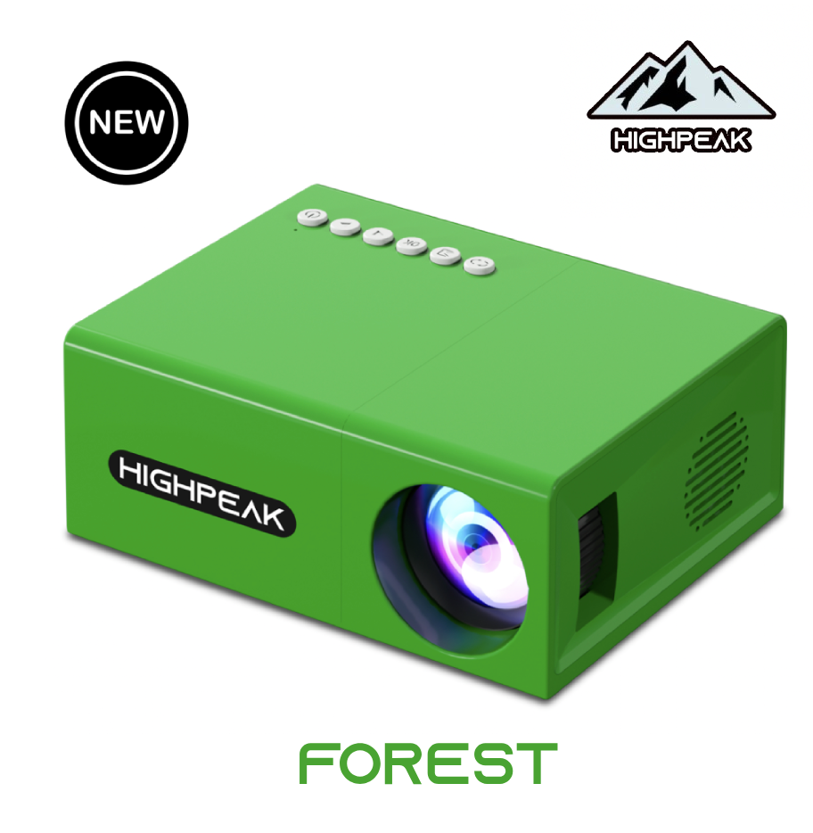 HighPeak MiniProjector SMART in vibrant forest green with illuminated lens and control buttons on compact portable design
