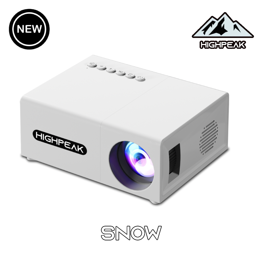 HighPeak MiniProjector SMART in white compact design with illuminated lens and control buttons - modern home theater setup