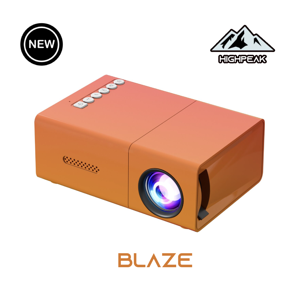 HighPeak MiniProjector in coral orange color with bright LED lens - compact portable home theater projector