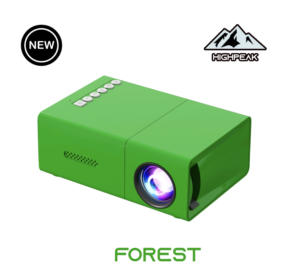 HighPeak MiniProjector in vibrant forest green with bright LED lens - compact portable home theater projector design