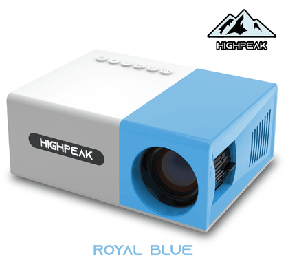 HighPeak MiniProjector in white and royal blue compact design with front projection lens and control buttons