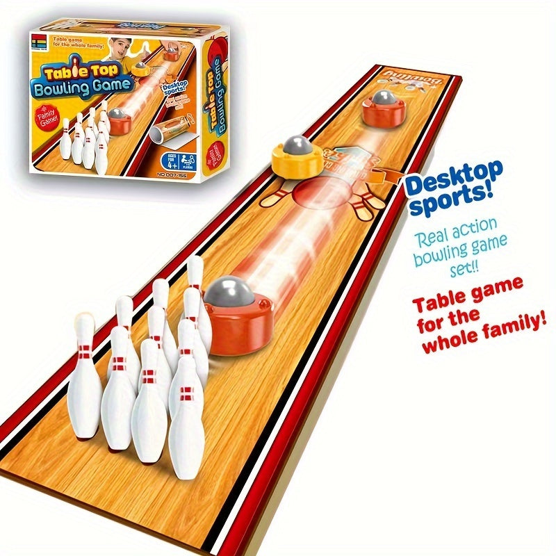 HighPeak Mini Bowling Game set with wooden lane, white pins, and orange ball for tabletop family entertainment