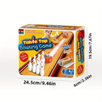 HighPeak Mini Bowling Game set with wooden lane, white pins, and orange packaging - compact tabletop fun