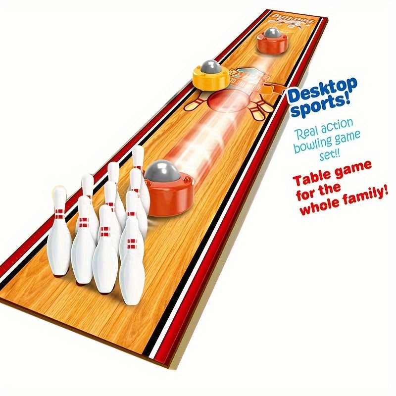 HighPeak Mini Bowling Game with wooden lane, red striped borders, white pins, and orange rolling balls - tabletop sports set