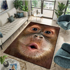 HighPeak Monkey See Monkey Rug featuring a 3D primate face design in brown tones, displayed in modern living room setting