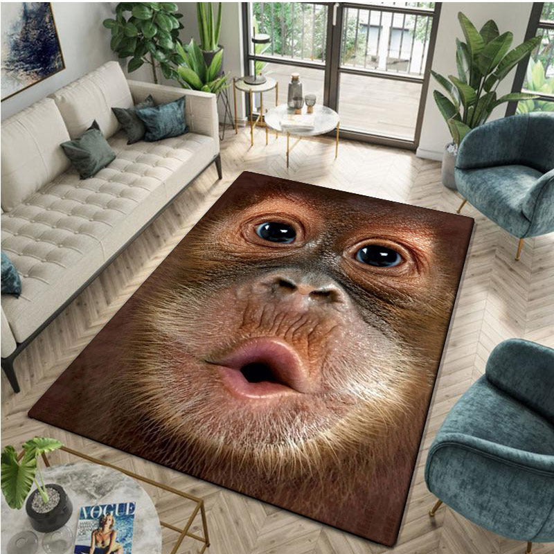 HighPeak Monkey See Monkey Rug featuring a 3D primate face design in brown tones, displayed in modern living room setting