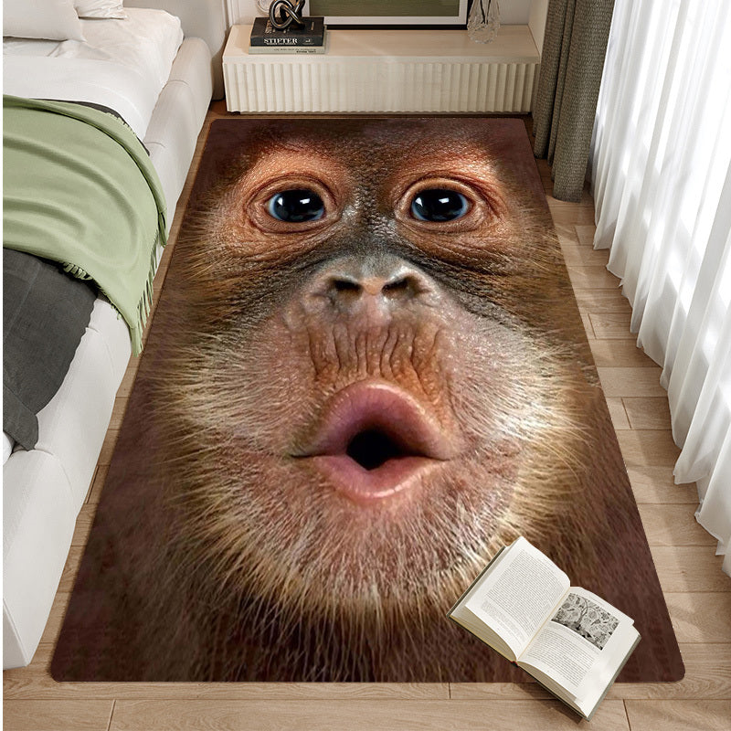 HighPeak Monkey See Monkey Rug featuring a realistic 3D primate face design on plush area rug in bedroom setting near window