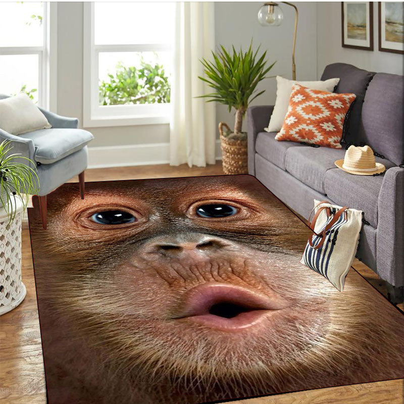 HighPeak Monkey See Monkey Rug featuring realistic 3D monkey face design on brown plush area rug in modern living room setting