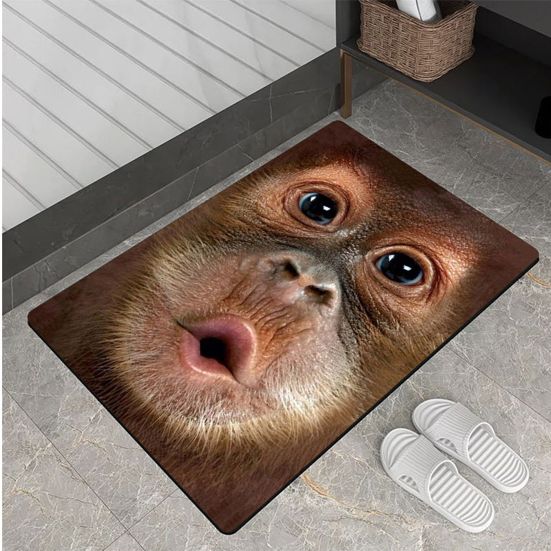 HighPeak Monkey See Monkey Rug featuring realistic 3D orangutan face close-up on plush floor mat with brown fur and blue eyes
