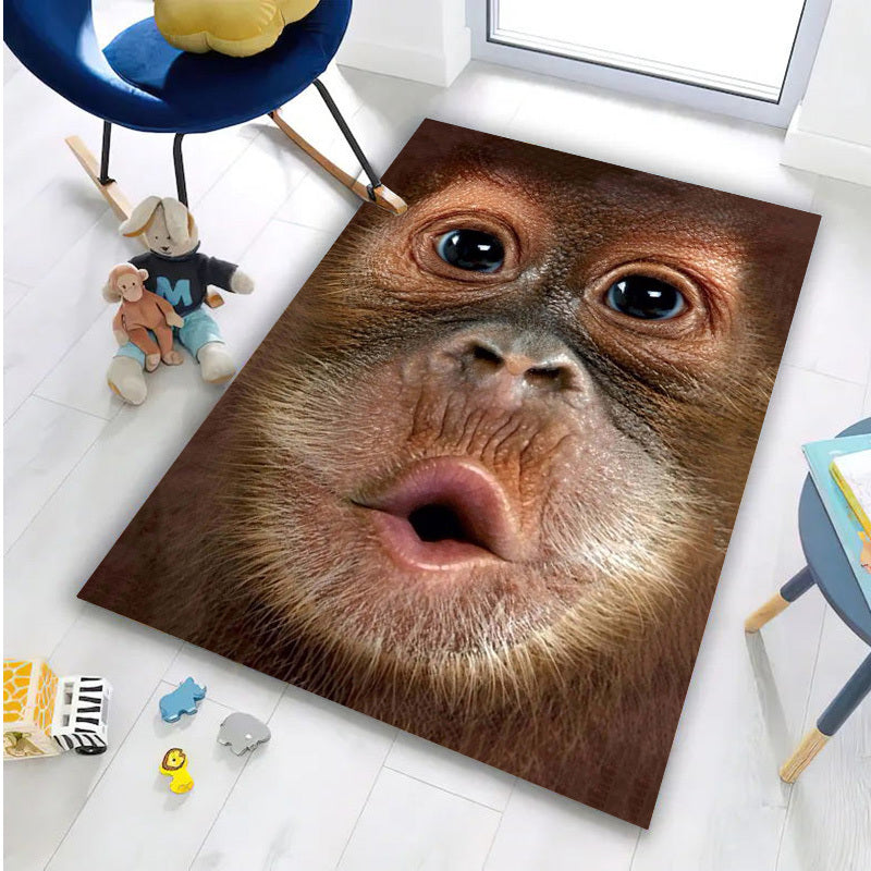 HighPeak Monkey See Monkey Rug featuring ultra-realistic 3D orangutan face design on plush area rug in brown tones with non-slip backing