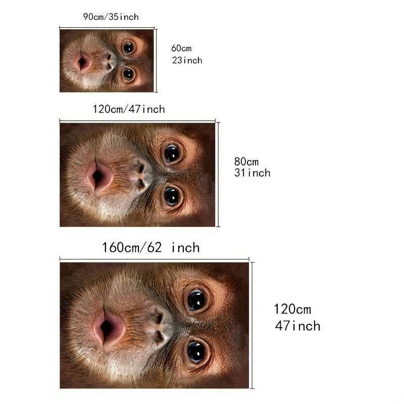 HighPeak Monkey See Monkey Rug shown in three sizes featuring close-up brown primate face design with expressive eyes and nose