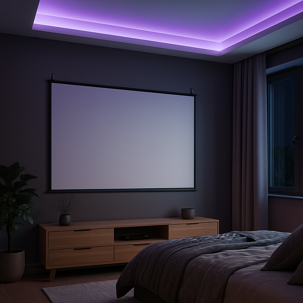 HighPeak Movie Screen mounted on dark wall in modern bedroom with purple LED ambient lighting and wooden media console