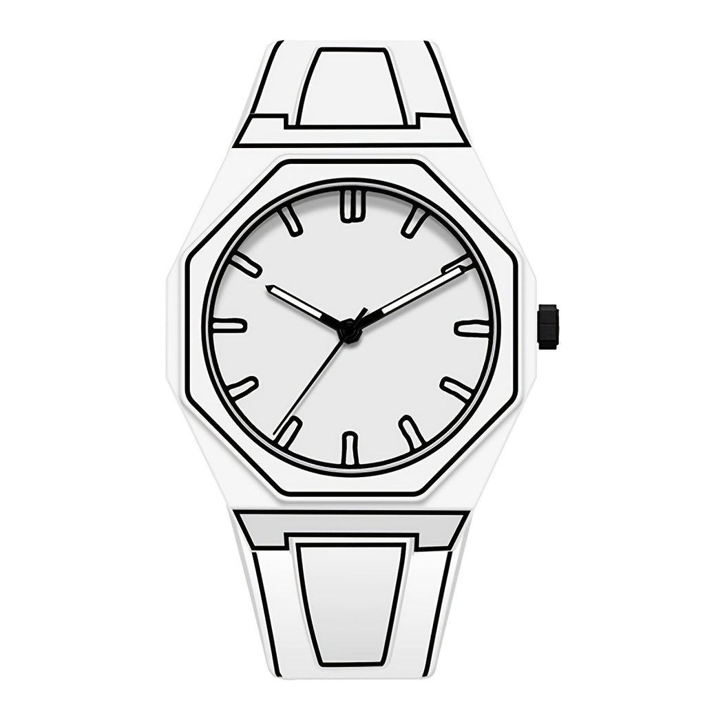 HighPeak NeonEdge Quartz Watch in white with octagonal case and minimalist dial - futuristic geometric design