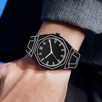 HighPeak NeonEdge futuristic black quartz watch with glowing geometric outline worn on wrist - modern minimalist style