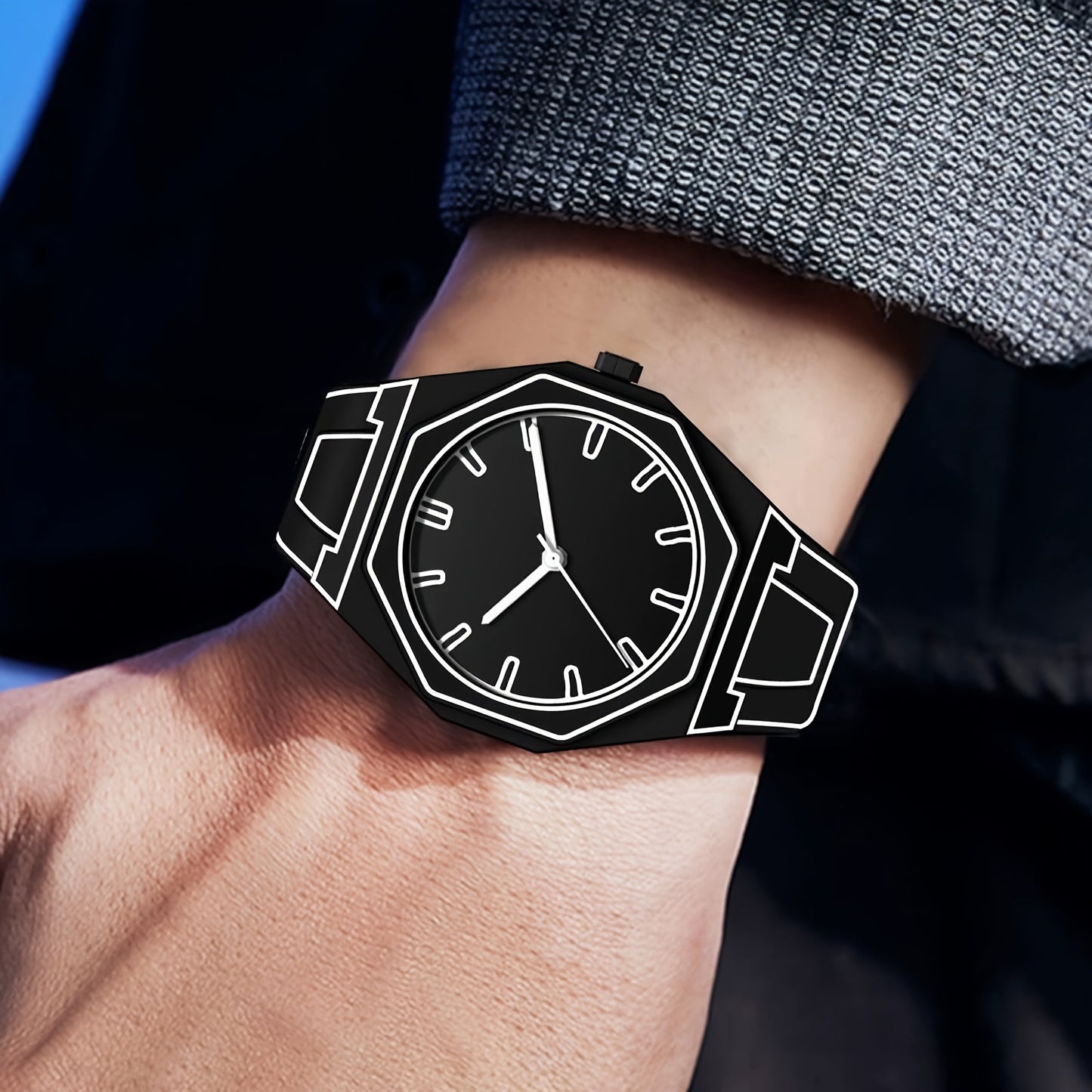 HighPeak NeonEdge futuristic black quartz watch with glowing geometric outline worn on wrist - modern minimalist style