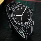 HighPeak NeonEdge futuristic black quartz watch with glowing geometric outlines and silicone strap on dark surface