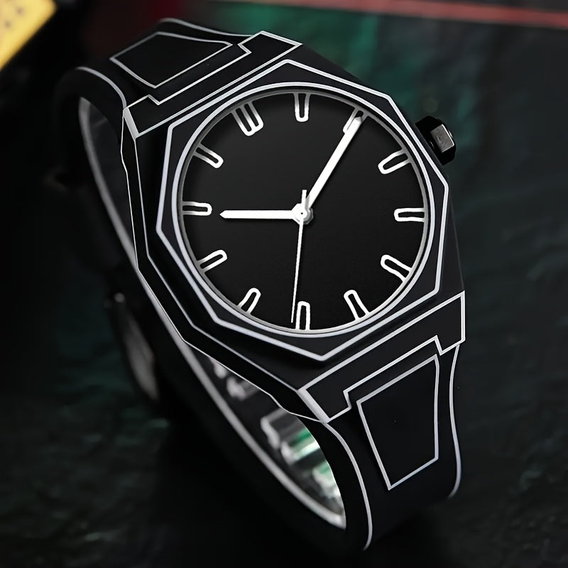 HighPeak NeonEdge futuristic black quartz watch with glowing geometric outlines and silicone strap on dark surface