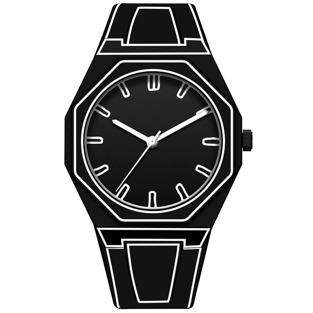 HighPeak NeonEdge futuristic black quartz watch with octagonal case and geometric white outlines displaying minimalist dial design