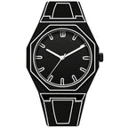 HighPeak NeonEdge futuristic black quartz watch with octagonal case and geometric white outlines displaying minimalist dial design