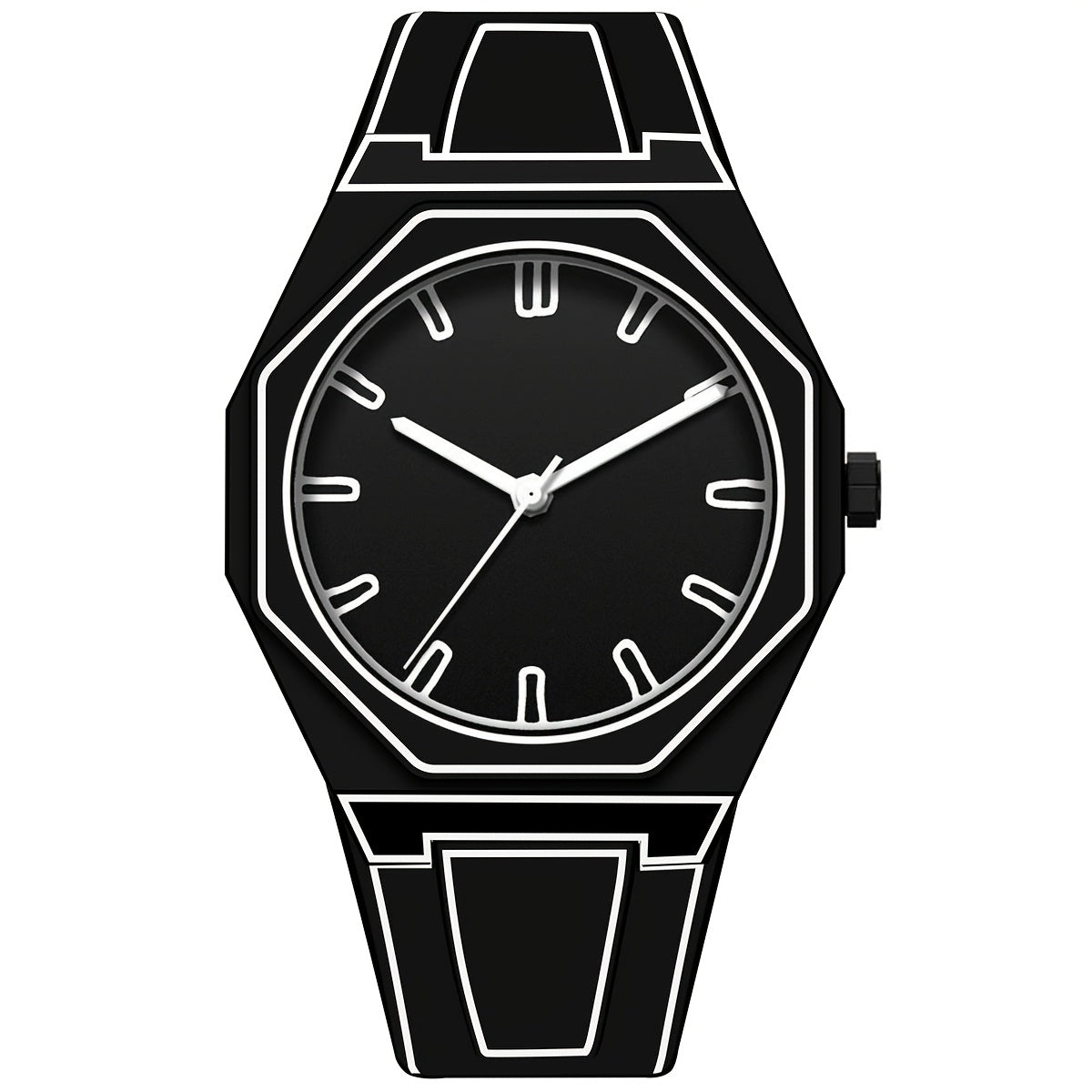 HighPeak NeonEdge futuristic black quartz watch with octagonal case and geometric white outlines displaying minimalist dial design