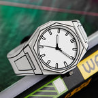 HighPeak NeonEdge futuristic quartz watch with octagonal case and white dial displayed on green surface - minimalist design