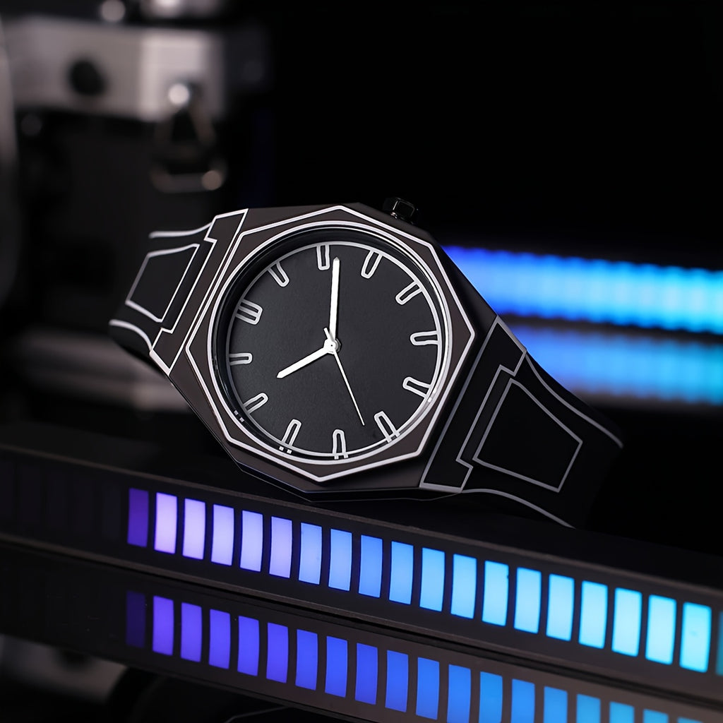 HighPeak NeonEdge quartz watch with black geometric design and glowing outlines displayed against blue LED lighting backdrop