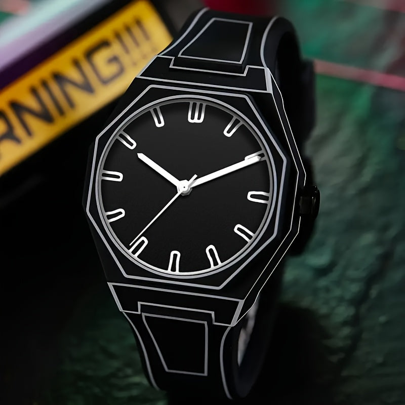 HighPeak NeonEdge quartz watch with black octagonal case and luminous geometric outline on silicone strap - futuristic design