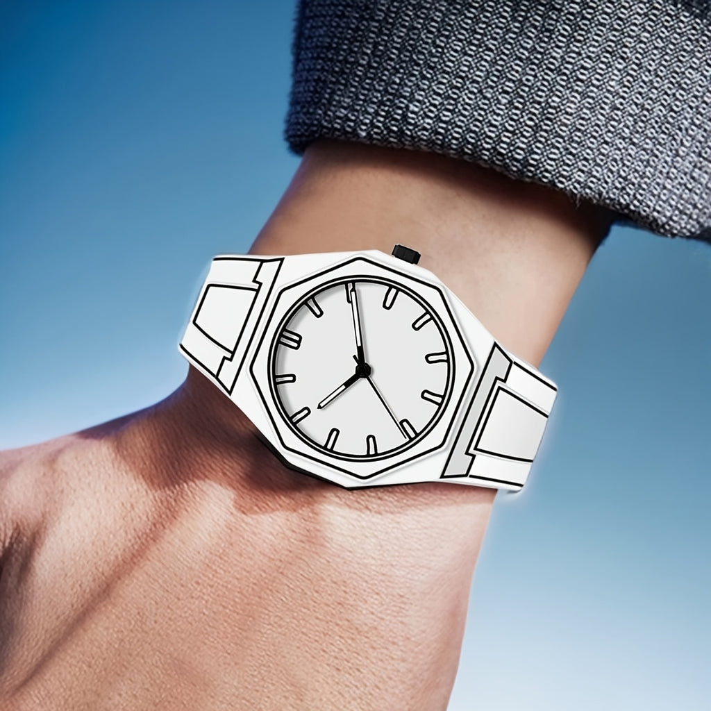 HighPeak NeonEdge quartz watch with glowing white geometric outline on wrist against blue background - futuristic minimalist design